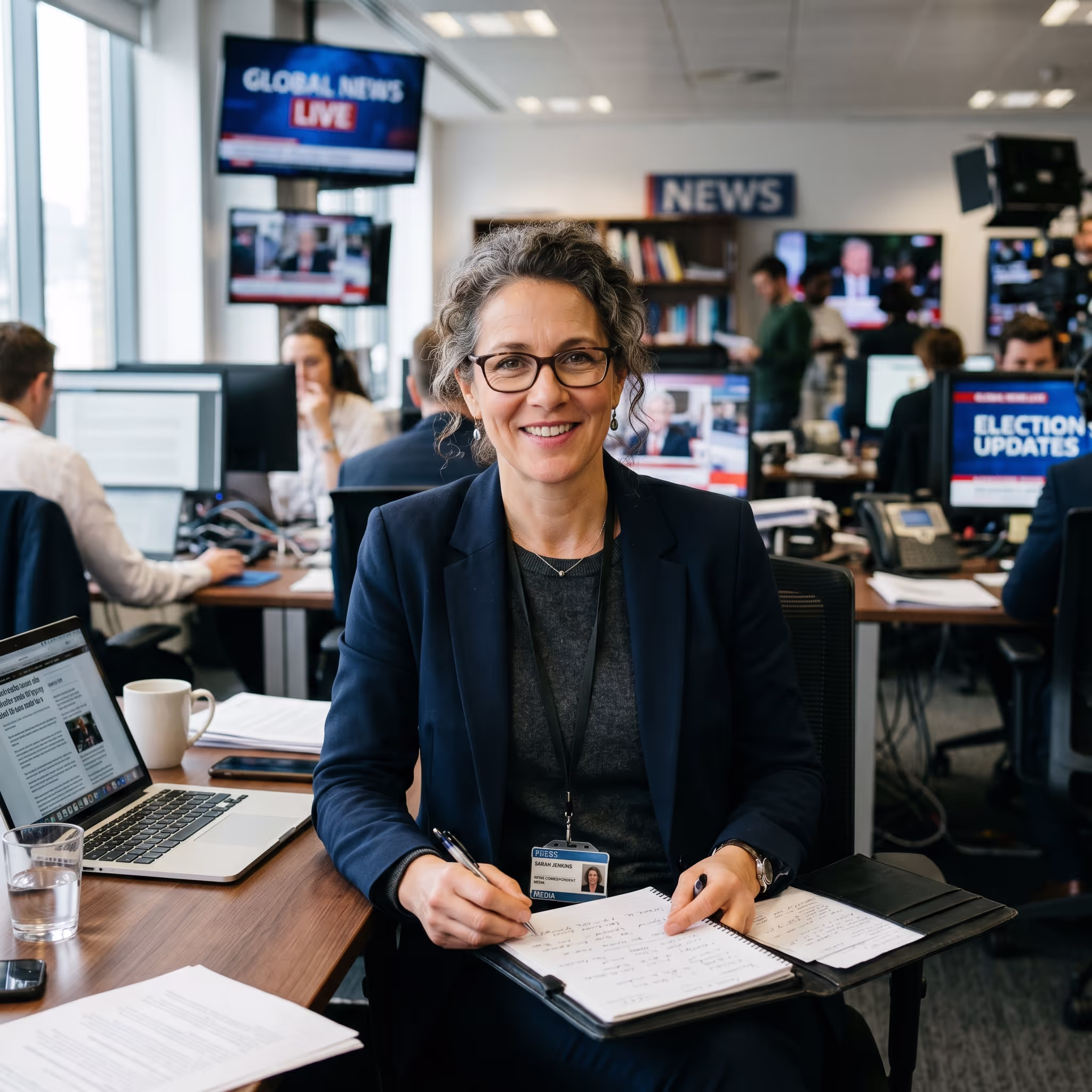 Smiling journalist in a navy blazer sits at a desk writing in a notebook, surrounded by a laptop, papers, and coffee, in a busy newsroom with TVs showing 'Global News Live' and 'Election Updates' in the background.