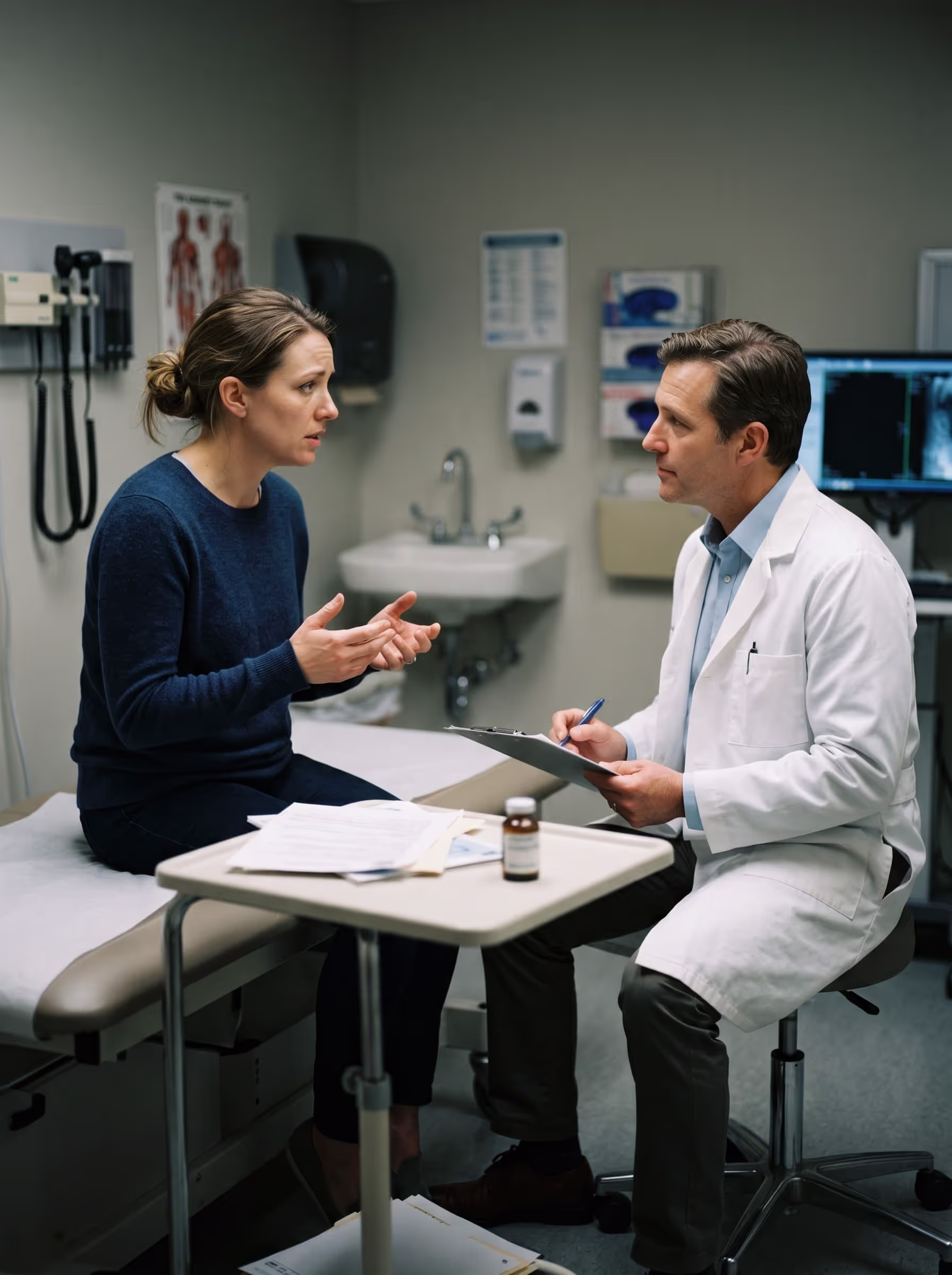 Patient discussing unexplained symptoms with a doctor after MRI contrast