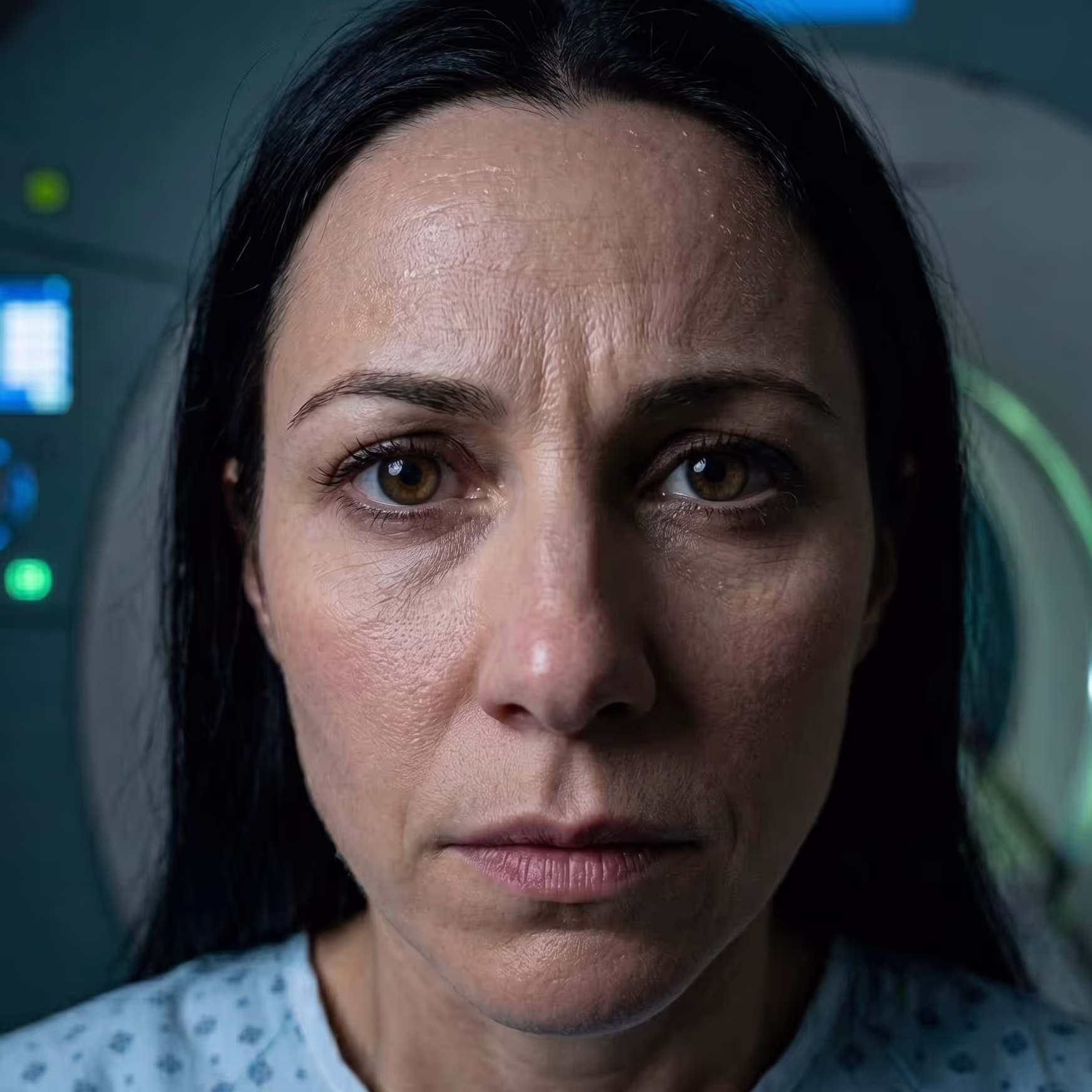Close-up of a solemn person with dark hair wearing a hospital gown, positioned in front of a medical imaging scanner ring with indicator lights in the background.