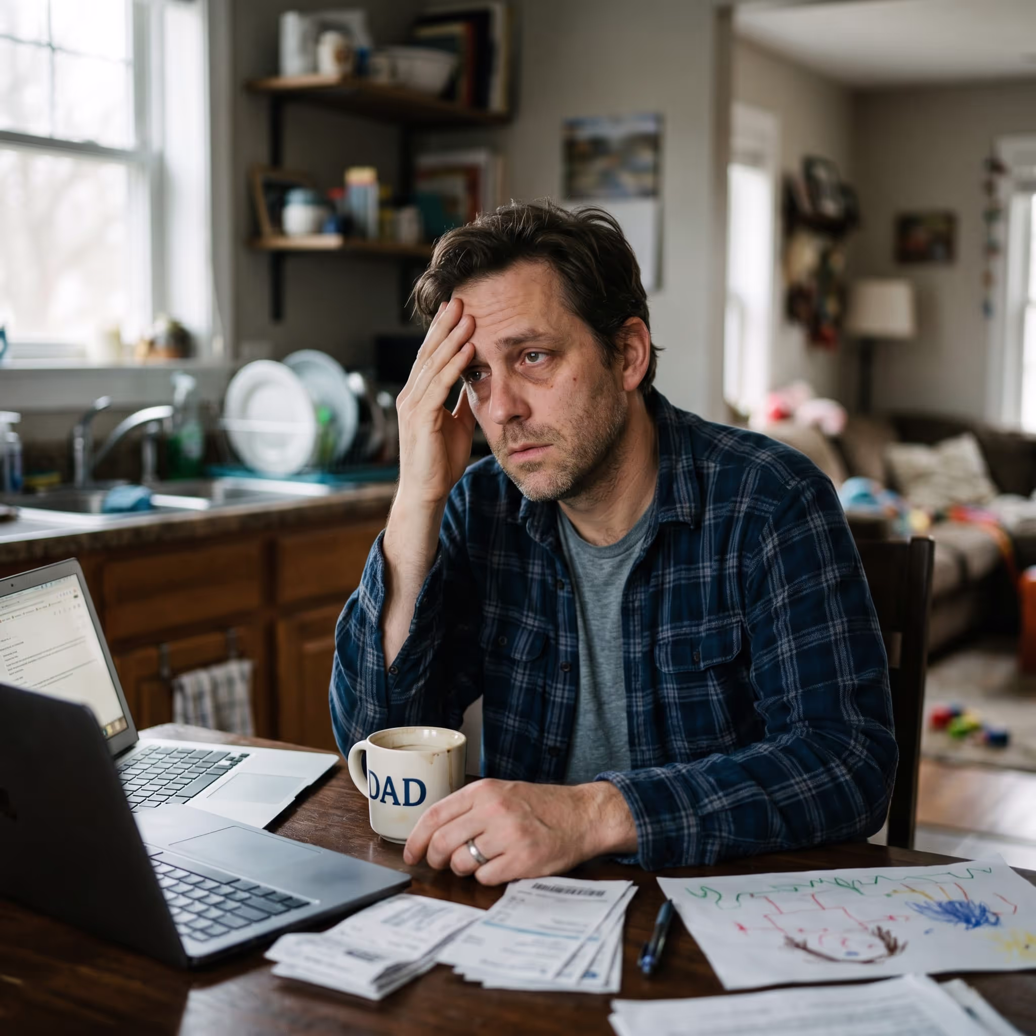 A tired-looking man in a flannel shirt sits at a kitchen table with a laptop, a 'DAD' mug, bills, and children's drawings, resting his head in his hand in a cluttered home.