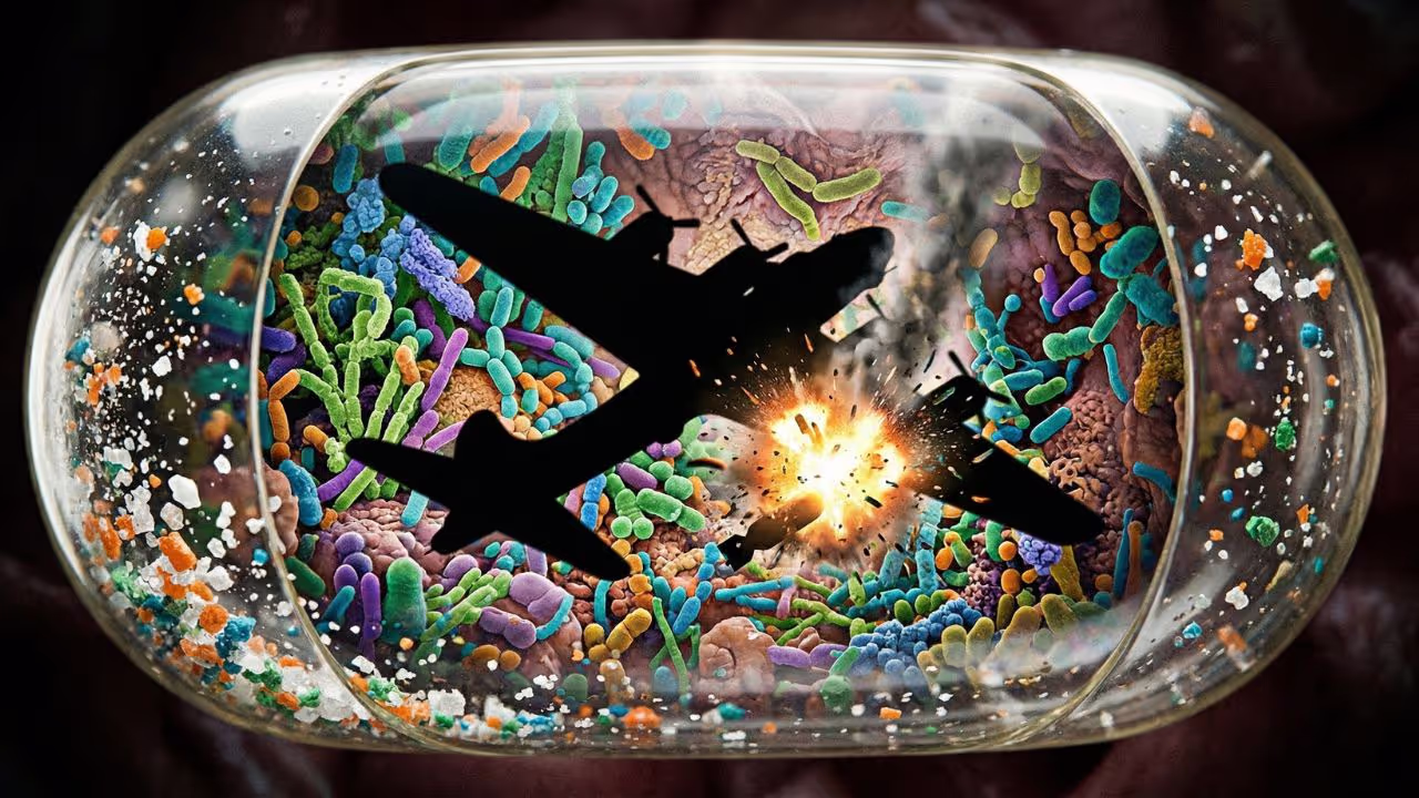 A silhouetted military antibiotic bomber aircraft destroying gut microbiome bacteria contained inside a transparent capsule, a single explosion erupting mid-frame.