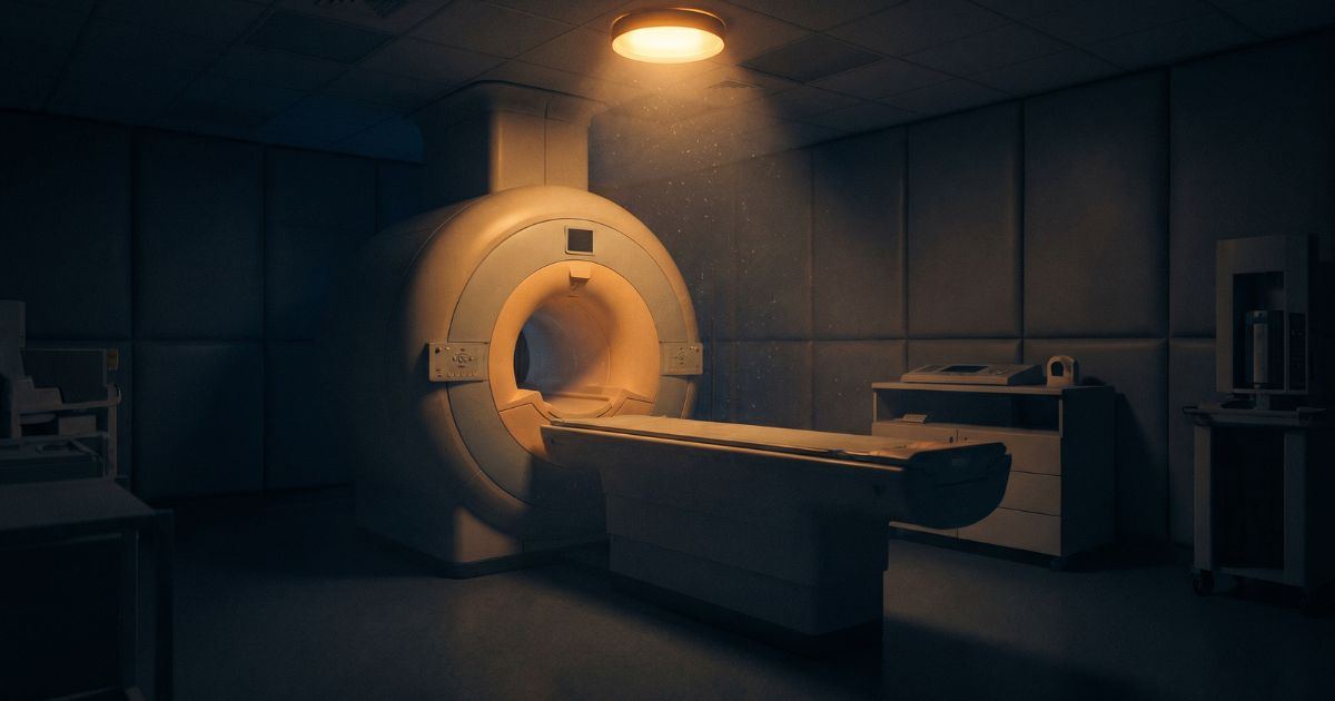 A darkened MRI scanner room at night, lit by one warm overhead light.