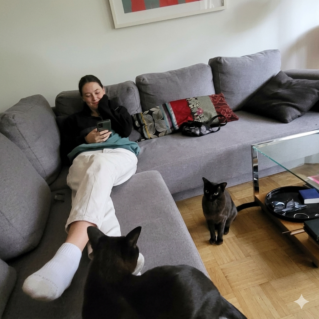 Image updated with AI of Caro sitting on a couch with cats around her 