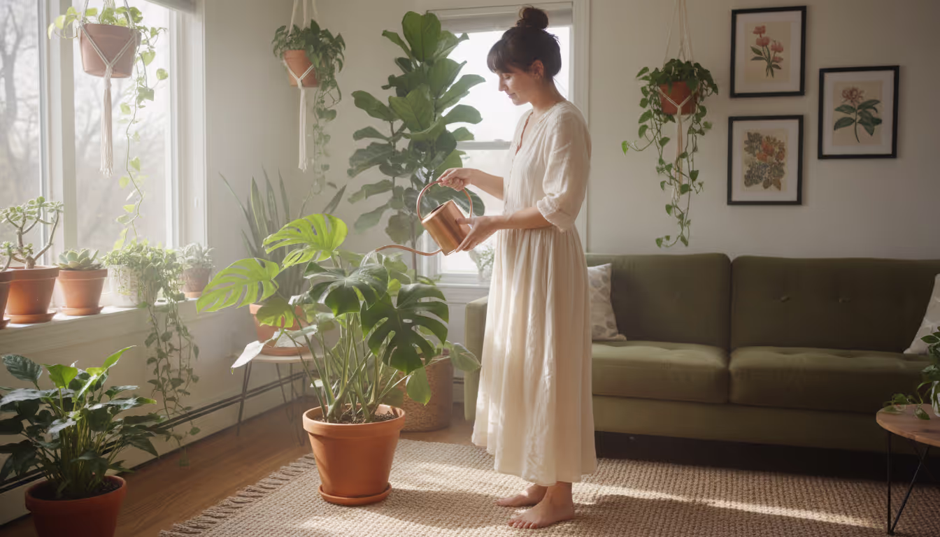 A woman watering plants at a house sit with no pets