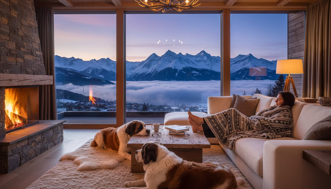 A house sitters on a long term house sit with dogs by her feet