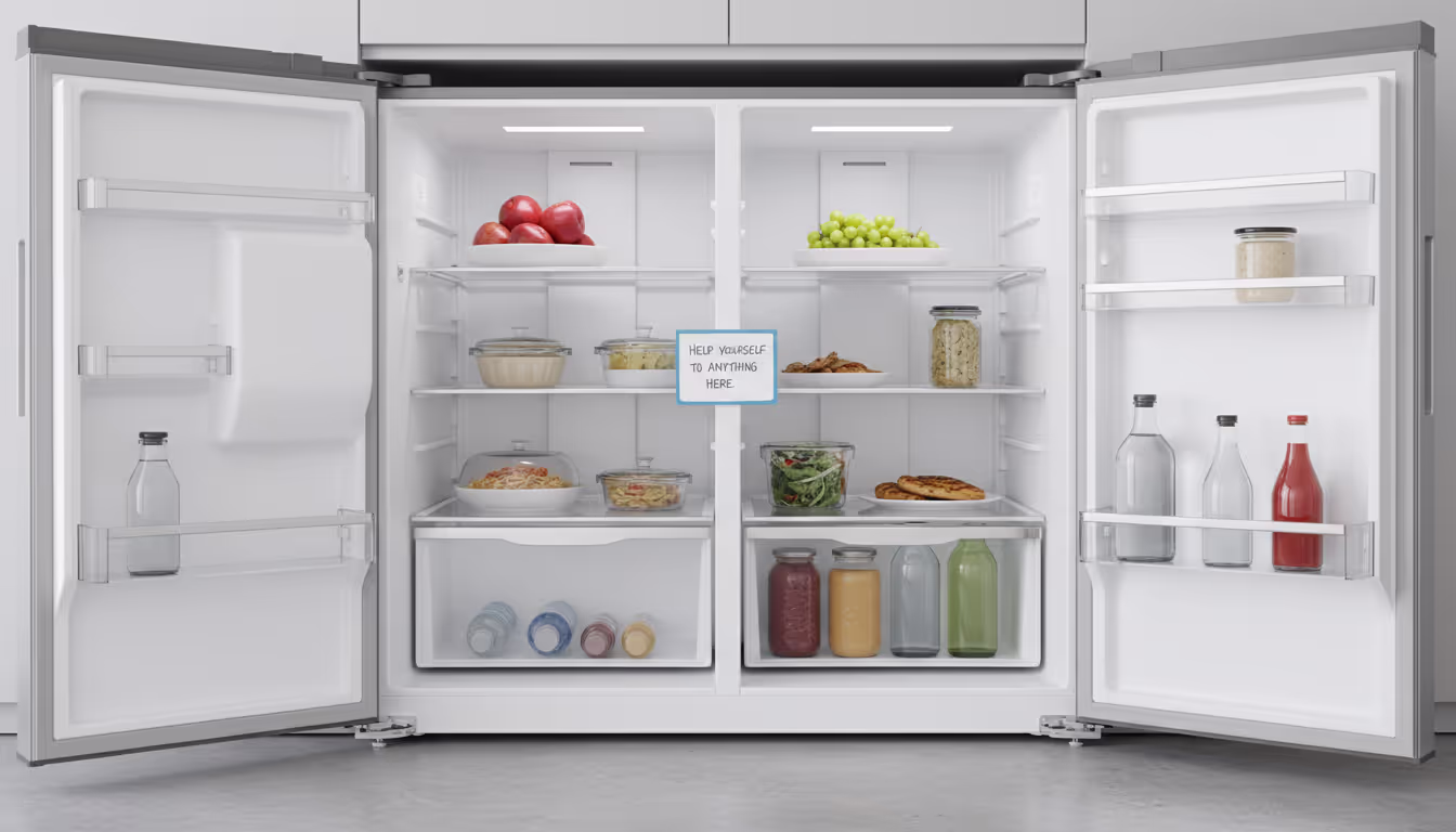 A tidy fridge with a note left to house sitters to use anything in the fridge