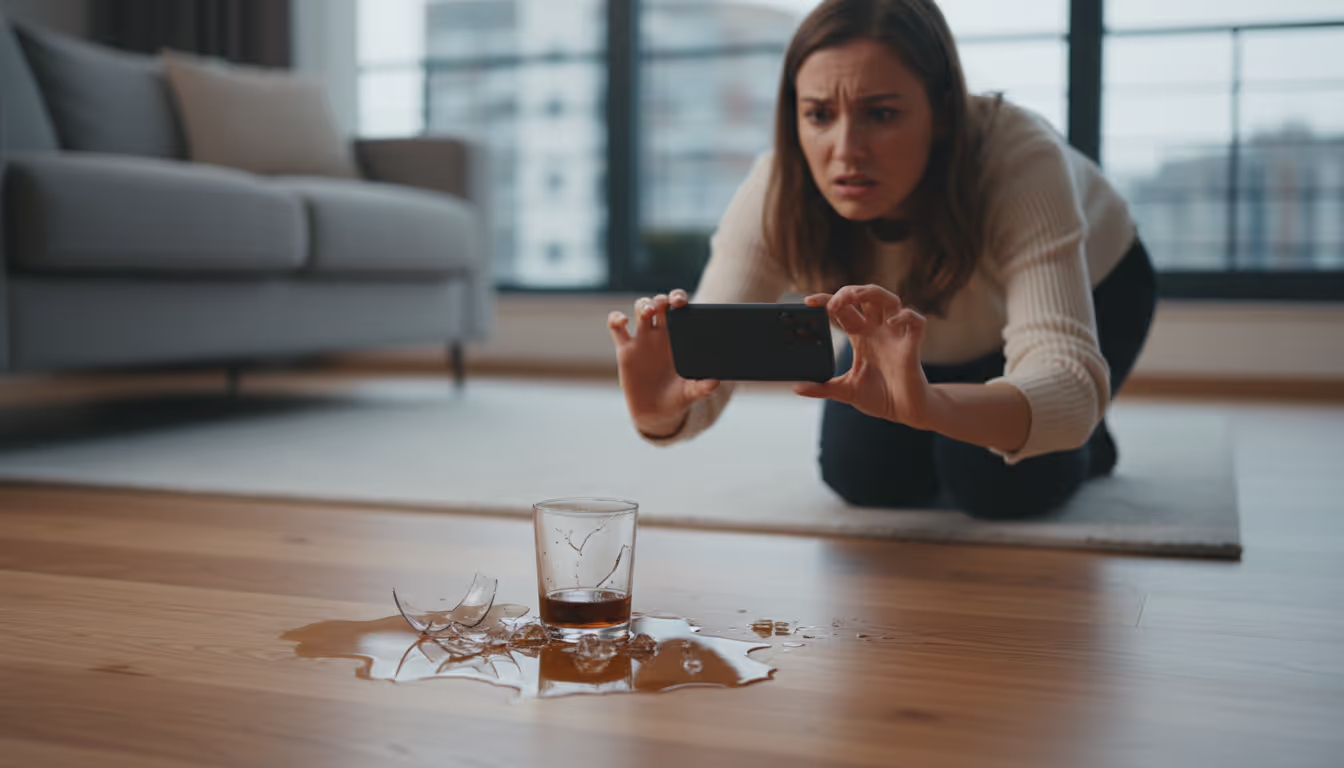 A woman taking a picture of a broken glass