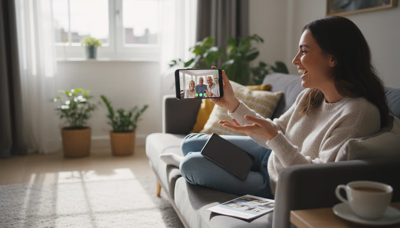 A woman having a video call with the home owners