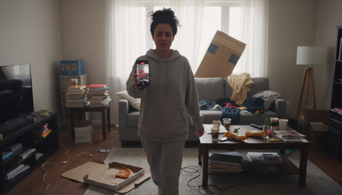 a woman walking around with her camera phone and recording a messy home