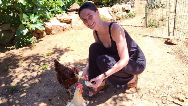 Caro feeding the chickens Caro feeding the chickens