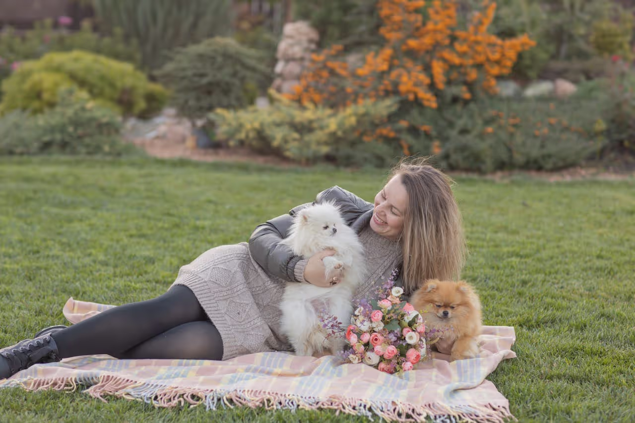 Woman on a picnic basket with pomeranians