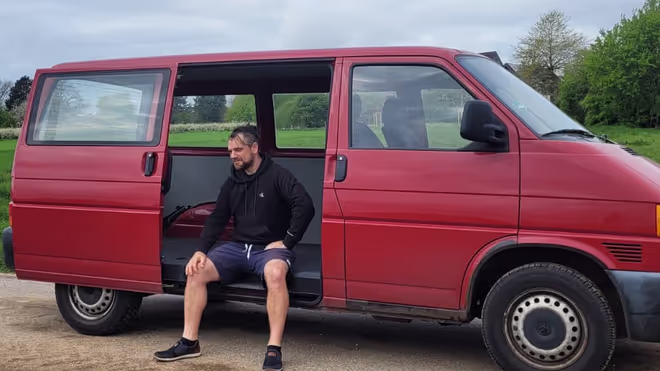 Konrad in our newly purchased VW T4 van that we converted into a campervan Konrad in our newly purchased VW T4 van that we converted into a campervan