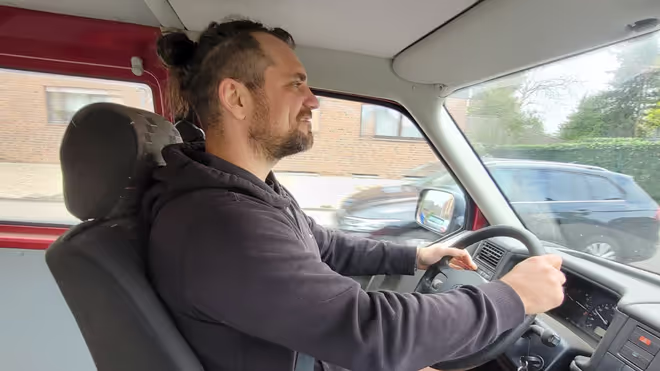 Konrad testing the VW t4 van for the first time, before we purchased it