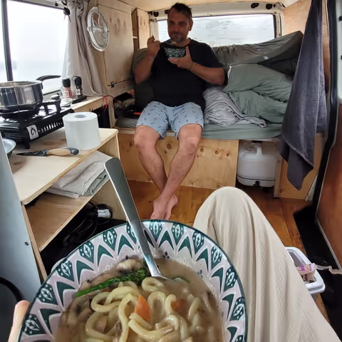 Eating food in the Camper van in Australia Eating food in the Camper van in Australia