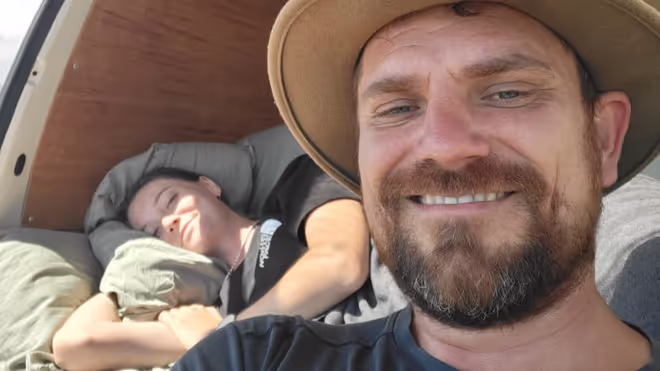 Konrad and Caro in their VW T4 van in Australia Konrad and Caro in their VW T4 van in Australia