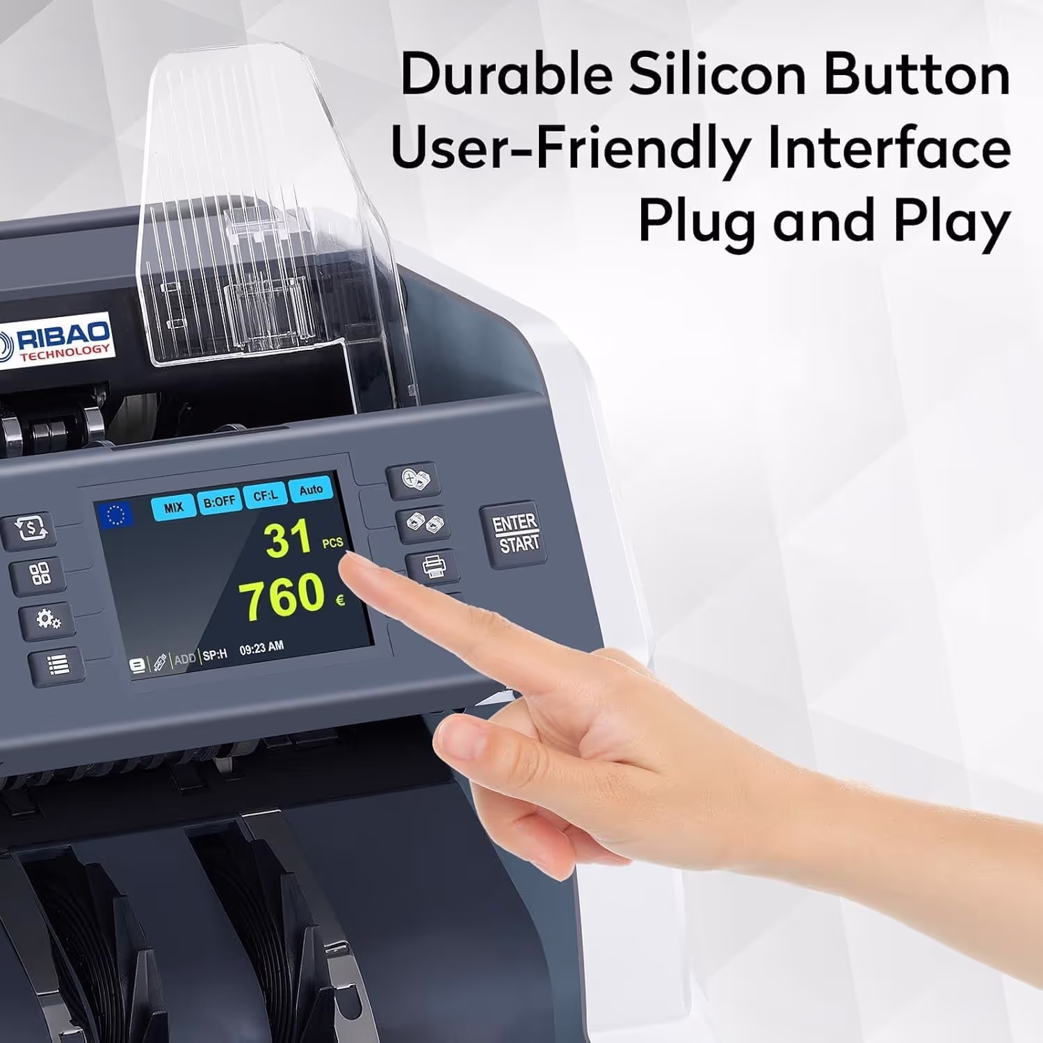 Close-up of the display and control panel of the refurbished Ribao BC-40 money counter