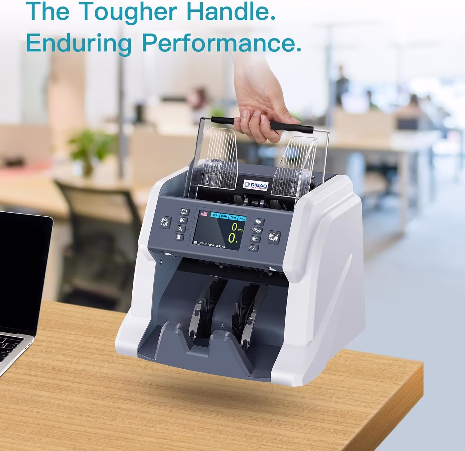 A Ribao BC-40 money counter processing stacks of banknotes on a clean business desk.
