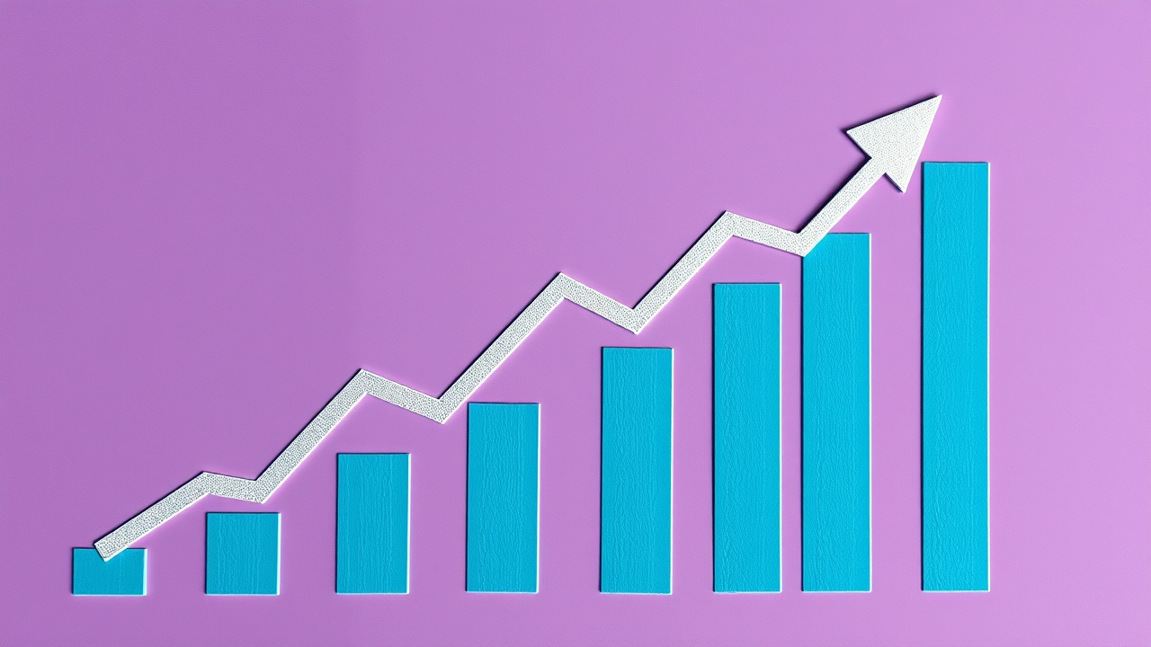 A visual representation of growth, featuring a bar chart with increasing blue bars and a textured white line graph with an upward-pointing arrow, all set against a purple background.